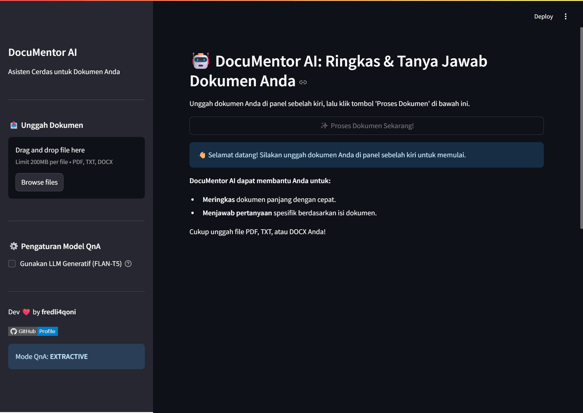 Screenshot of DocuMentor AI: Document Summarizer & QnA Bot